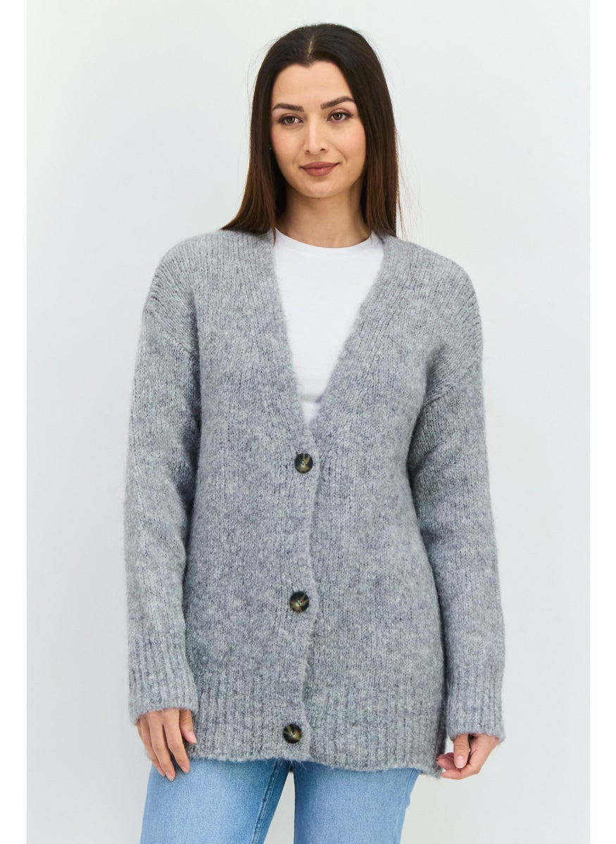 HUGO BOSS Women V-Neck Textured Cardigans, Grey  - Image 1
