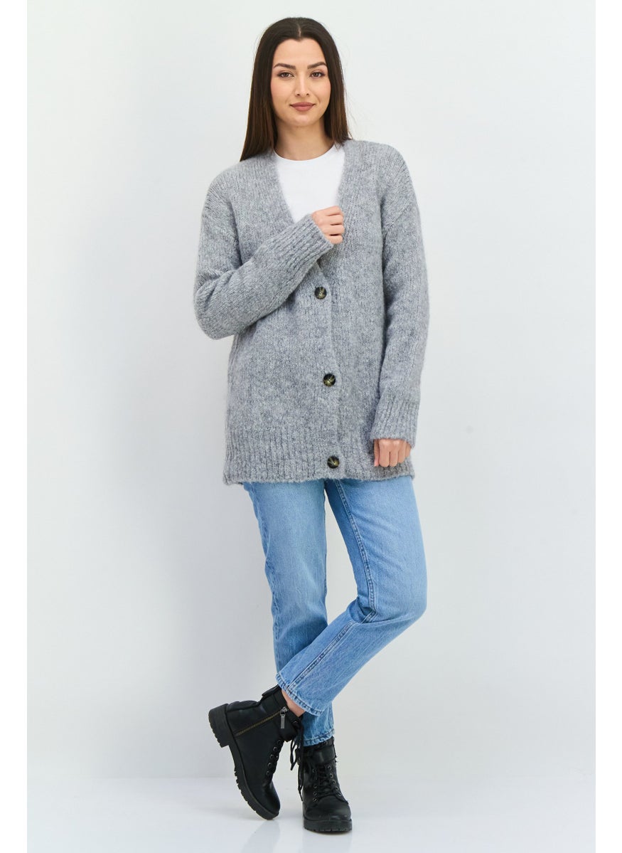 HUGO BOSS Women V-Neck Textured Cardigans, Grey  - Image 4