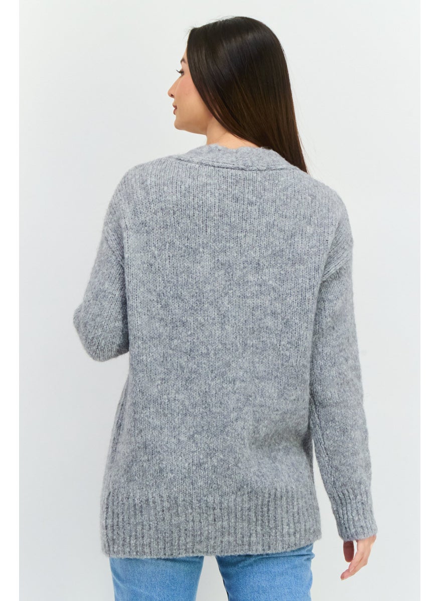 HUGO BOSS Women V-Neck Textured Cardigans, Grey  - Image 3