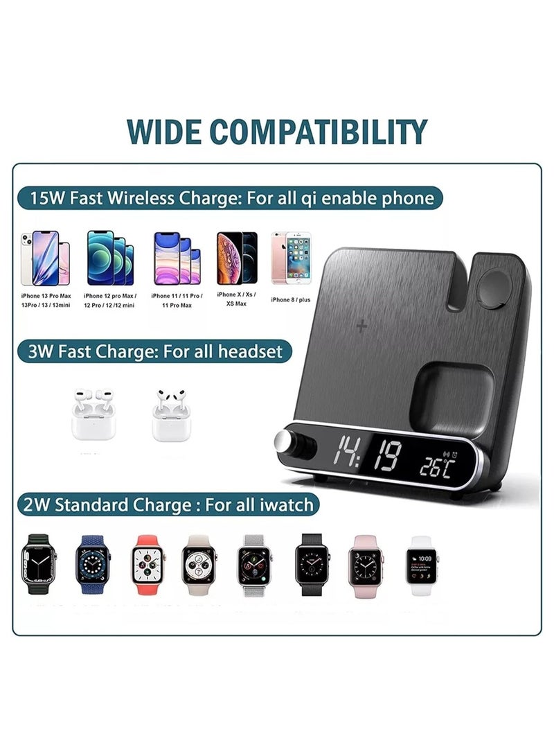 SOLARAE 2024 New Wireless Charging Station, 3 in 1 Desktop Charging Station with Clock/Alarm, 15W Fast Charging for Different Phone, Smart 3 in 1 Wireless Charger Alarm Clock with Smartwatch, Earphones - Image 4
