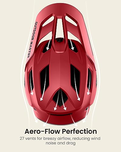 OutdoorMaster Full Face Mountain Bike Helmet for Men & Women-Two Removable Chin Pad Mountain Bike Helmet Grizzly, Ventilation Lightweight Racing Downhill DH BMX MTB Helmet (Flaming Red, Large) - Image 3