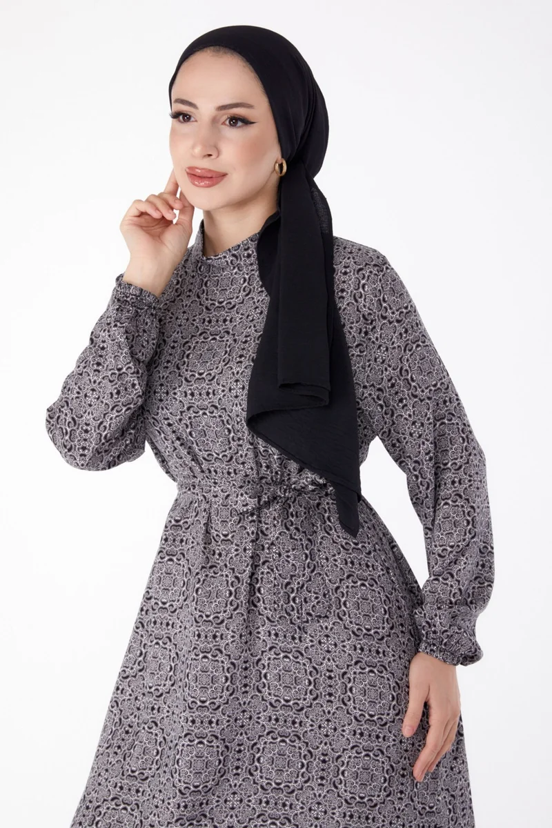 Tofisa Plain Judge Collar Women's Black Patterned Belted Dress - 25345