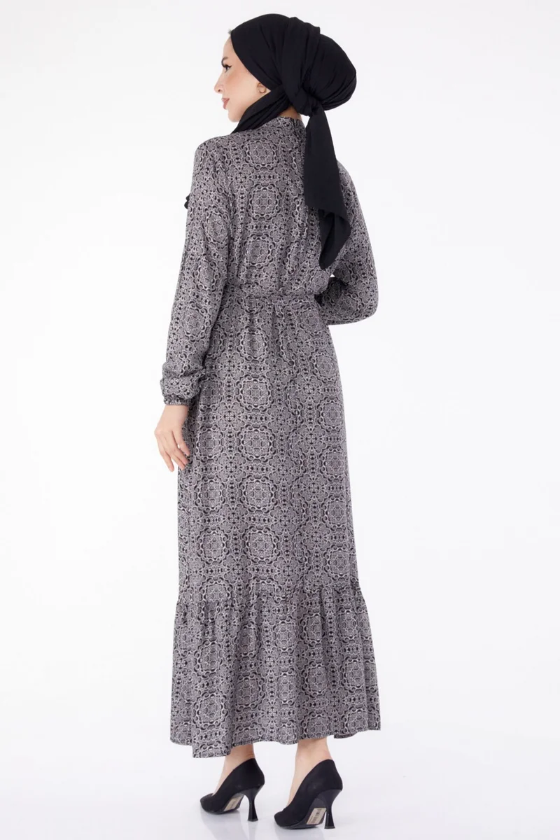 Tofisa Plain Judge Collar Women's Black Patterned Belted Dress - 25345