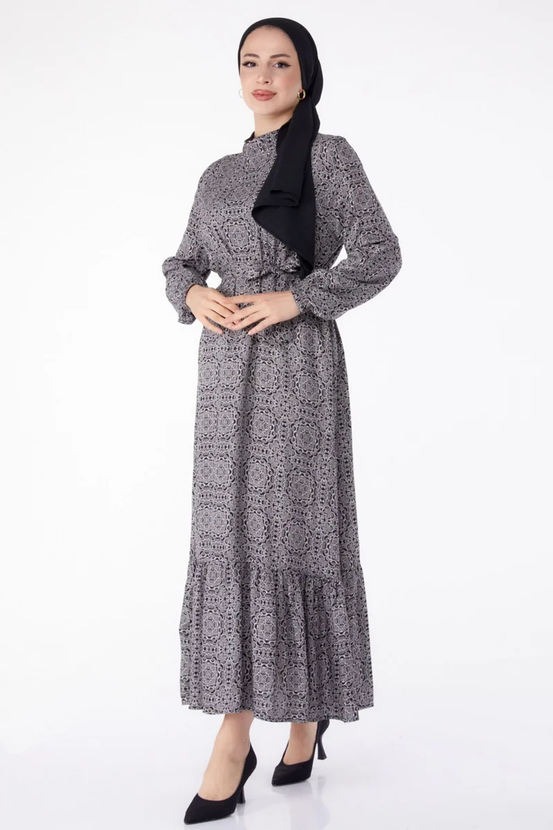 Tofisa Plain Judge Collar Women's Black Patterned Belted Dress - 25345
