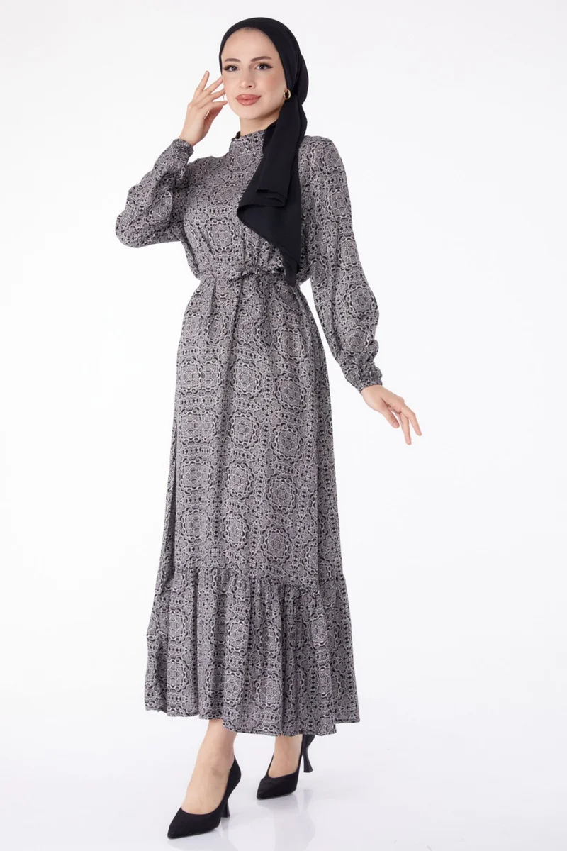 Tofisa Plain Judge Collar Women's Black Patterned Belted Dress - 25345