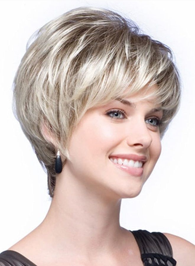 SEVENCOLORS Short Blonde Pixie Cut Wigs for White Women Blonde Mixed Brown Synthetic Wigs Natural Looking Short Hair Wigs with Bangs - Image 1
