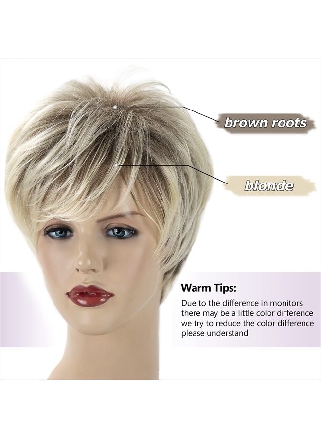 SEVENCOLORS Short Blonde Pixie Cut Wigs for White Women Blonde Mixed Brown Synthetic Wigs Natural Looking Short Hair Wigs with Bangs - Image 4