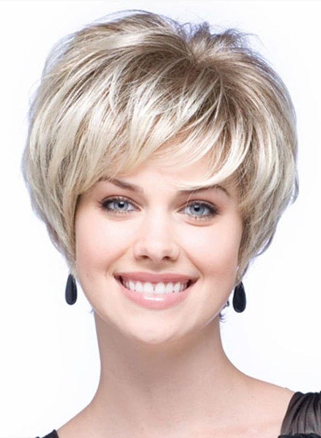 SEVENCOLORS Short Blonde Pixie Cut Wigs for White Women Blonde Mixed Brown Synthetic Wigs Natural Looking Short Hair Wigs with Bangs - Image 2
