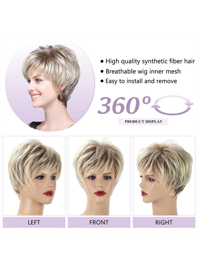 SEVENCOLORS Short Blonde Pixie Cut Wigs for White Women Blonde Mixed Brown Synthetic Wigs Natural Looking Short Hair Wigs with Bangs - Image 3