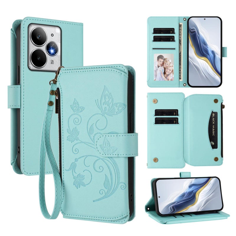 إيروريكس جراب هاتف جلدي بسحاب متعدد البطاقات لهاتف Realme Neo7 Turbo (أخضر نعناعي) - Image 1