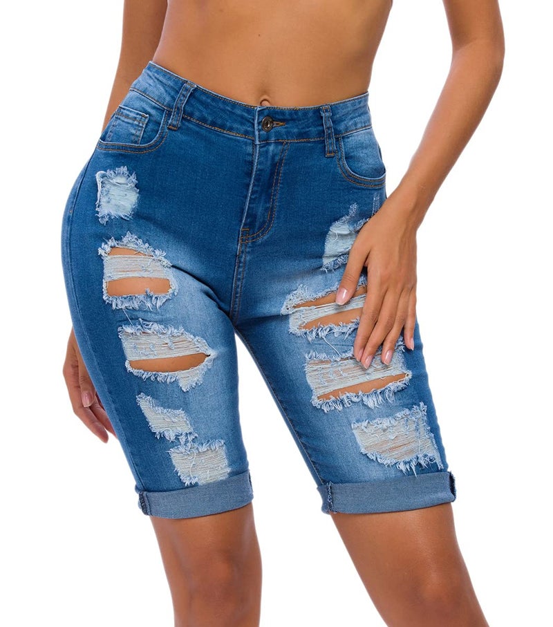 olrain Womens High Waist Ripped Hole Washed Distressed Short Jeans 10 Blue - Image 5