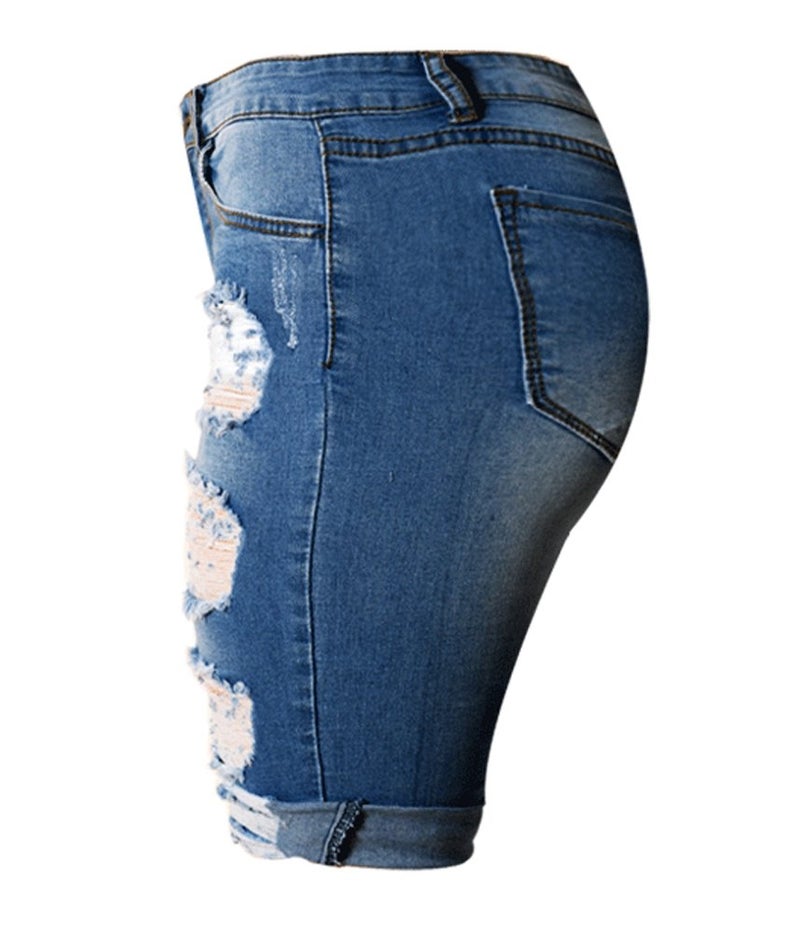 olrain Womens High Waist Ripped Hole Washed Distressed Short Jeans 10 Blue - Image 2