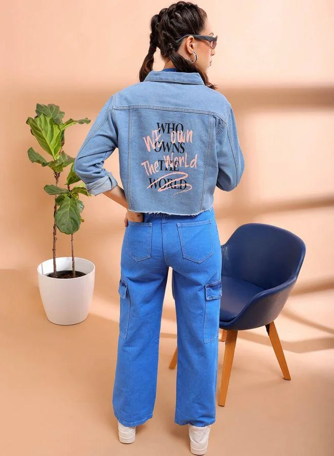Freehand Women Casual Slim Fit Long Sleeve Back Printed Denim Jacket