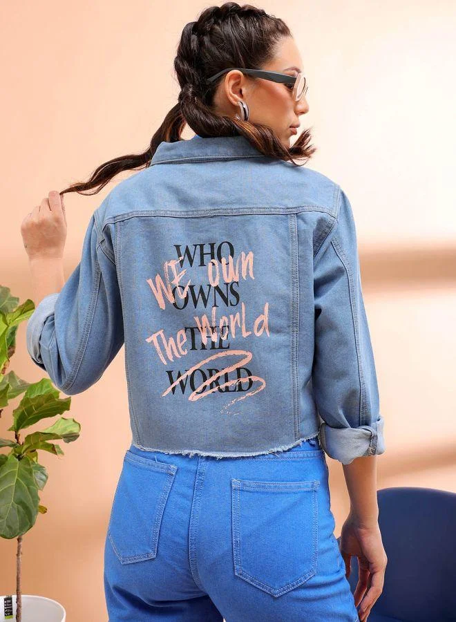 Freehand Women Casual Slim Fit Long Sleeve Back Printed Denim Jacket