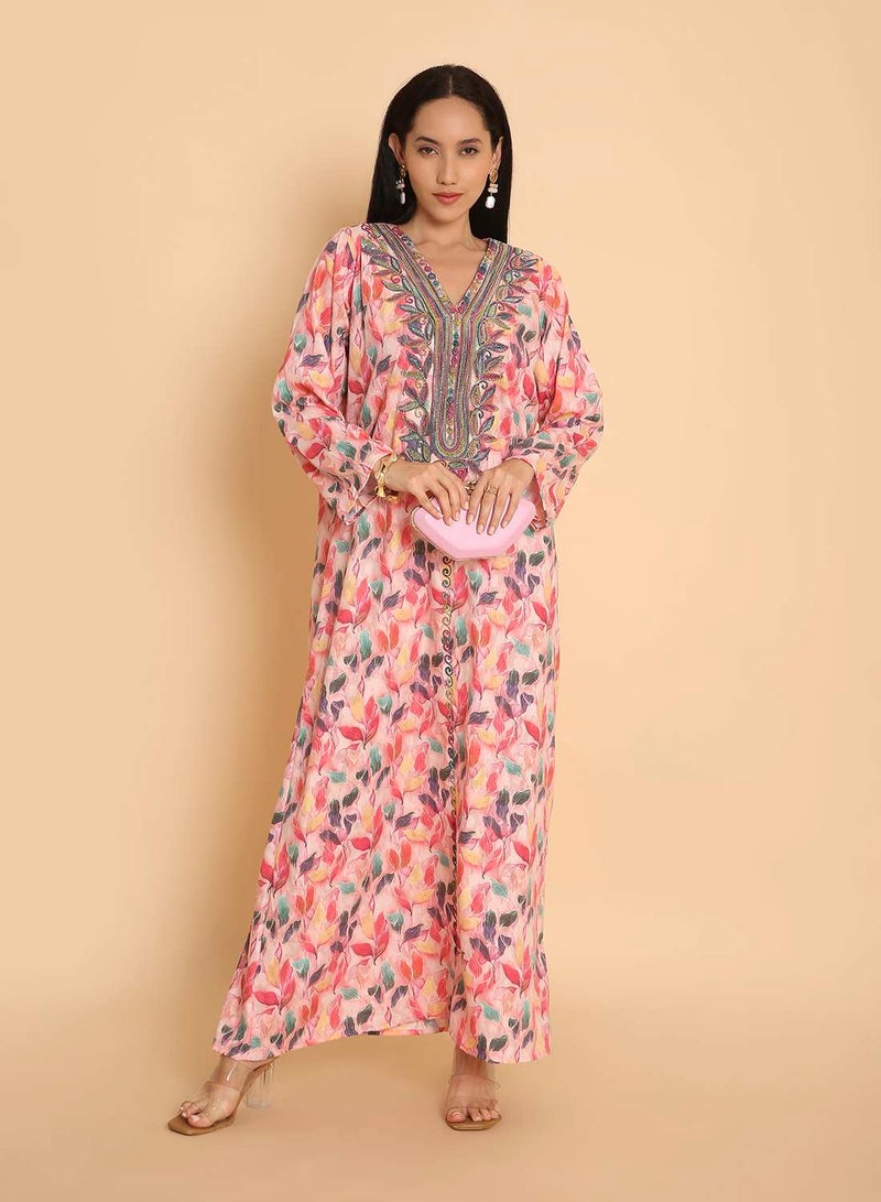 HANA & SARA Long jalabiya arabic kaftan dress with unique thread beaded design - Image 1