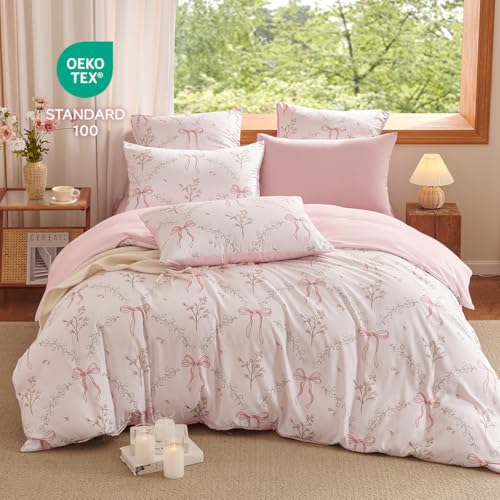 Erwinmu Pink Comforter Set Queen Size 3 PiecesPink Bow Floral Pattern Bedding Comforter Set Bed Set for GirlsNeutral Farmhouse Comforter Queen and 1 Pillowcase - Image 3