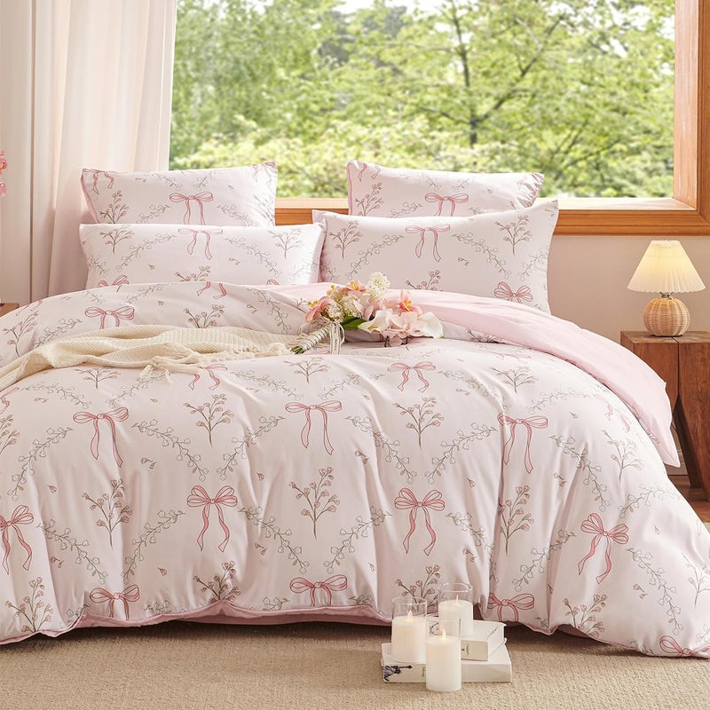Erwinmu Pink Comforter Set Queen Size 3 PiecesPink Bow Floral Pattern Bedding Comforter Set Bed Set for GirlsNeutral Farmhouse Comforter Queen and 1 Pillowcase - Image 2