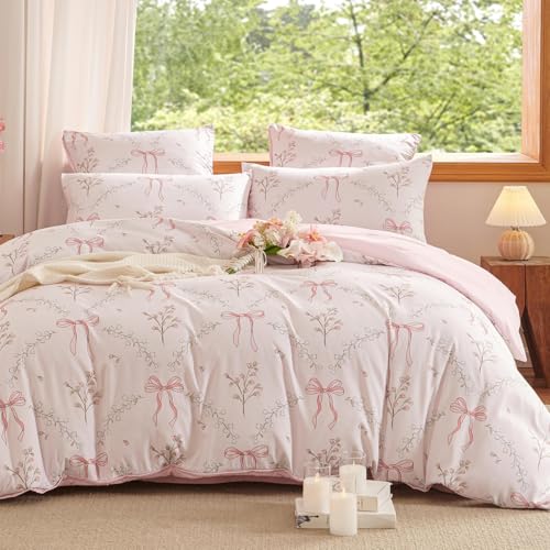 Erwinmu Pink Comforter Set Queen Size 3 PiecesPink Bow Floral Pattern Bedding Comforter Set Bed Set for GirlsNeutral Farmhouse Comforter Queen and 1 Pillowcase - Image 1
