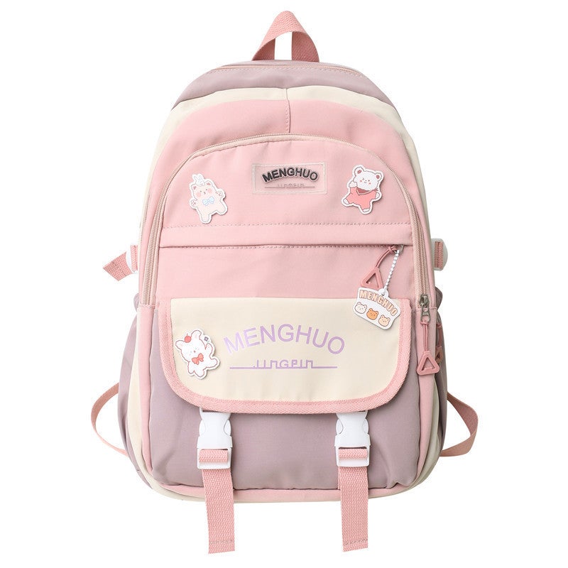 Womens Middle School Korean Style Backpack Color Blocking For Grades 3 To 6 Cute Large Capacity Lightweight Double Shoulder Bag Pink Double Shoulder Badge 