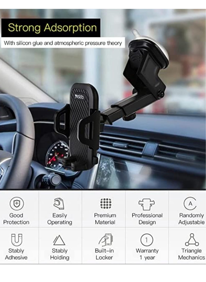 Yesido - Car Mobile Holder, 270 Degree Rotation & Adjustable Mobile Stand for Car Dashboard Windshield, Universal Cell Phone Holder with Suction Cup, Release Button and Lock Mechanism - Image 1