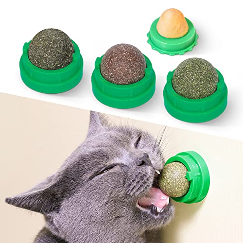 Potaroma Catnip Toys Balls 4 Pcs Extra Cat Energy Ball Edible Kitten Silvervine Toys for Cats Lick Healthy Kitty Teeth Cleaning Dental Chew Toys Cat Wall Treats Green - Image 1