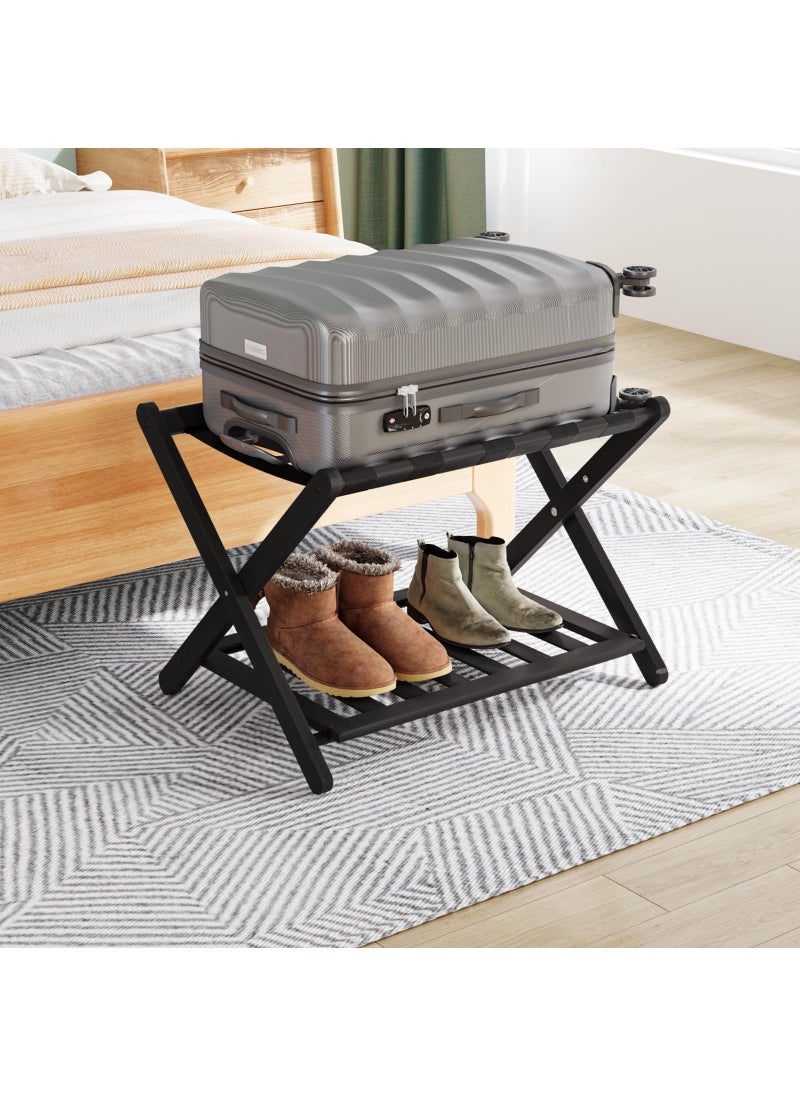 Smuxee Smuxee Fully Assembled Luggage Rack for Guest Room Upgraded Bamboo Foldable Suitcase Stand with 5 Nylon Straps Luggage Holder with Shelf for Bedroom Hotel Black Luggage Rack 1pcs 