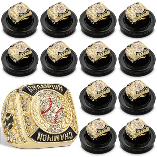 Landical 12 Pcs Gold Baseball Championship Rings Ball Games Championship Trophy Rings Sport Ball Award Gift with Display Neck Chain and Stand for Tournament or League Champion Winner - Image 1