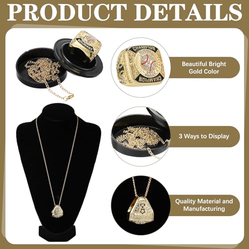 Landical 12 Pcs Gold Baseball Championship Rings Ball Games Championship Trophy Rings Sport Ball Award Gift with Display Neck Chain and Stand for Tournament or League Champion Winner - Image 3