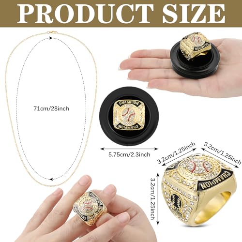 Landical 12 Pcs Gold Baseball Championship Rings Ball Games Championship Trophy Rings Sport Ball Award Gift with Display Neck Chain and Stand for Tournament or League Champion Winner - Image 2