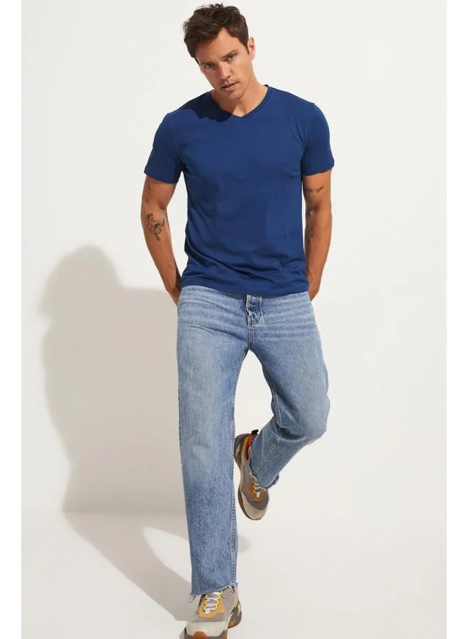 جون June Men Regular Fit Basic Short Sleeve V-Neck Tshirt Indigo