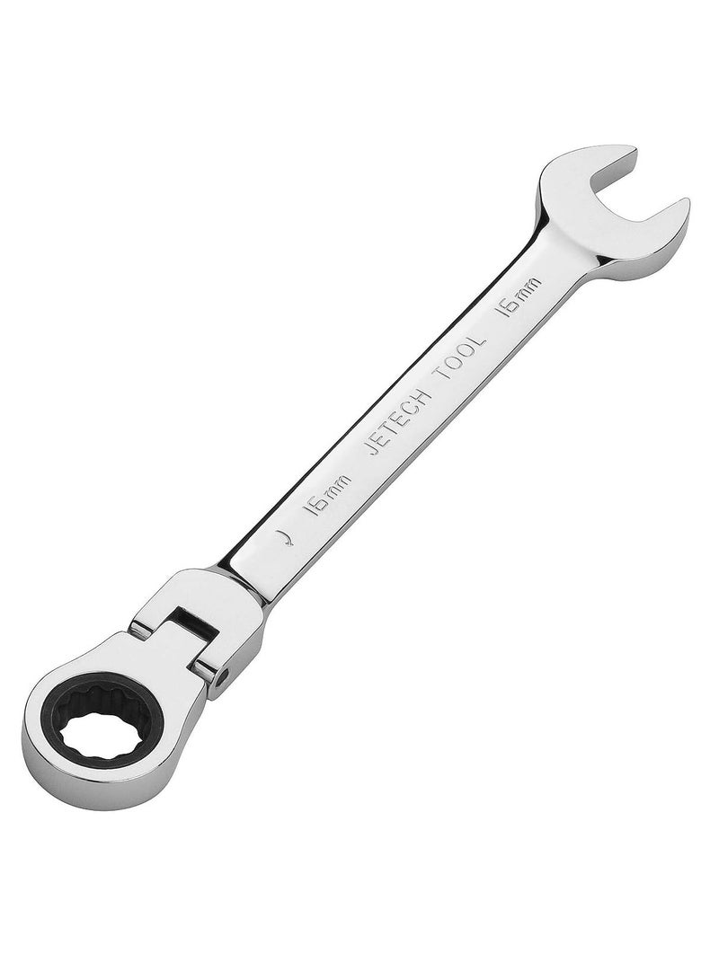 Jetech 16mm Flexible Head Ratchet Combination Wrench, Industrial Grade Flex Ratcheting Spanner, Heat-Treated Cr-V Alloy Steel, 12 Point Ratchet Box Ended and Open End Spanner, Flex-Head Gear Wrench - Image 1