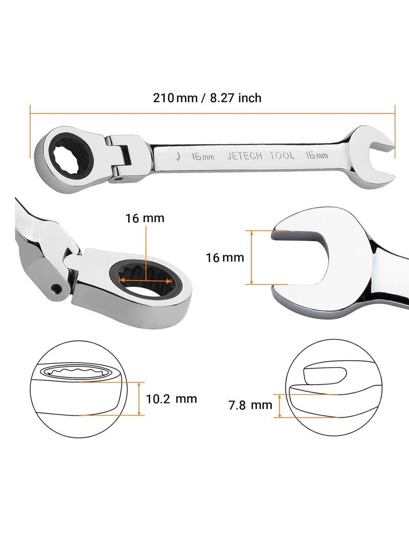 Jetech 16mm Flexible Head Ratchet Combination Wrench, Industrial Grade Flex Ratcheting Spanner, Heat-Treated Cr-V Alloy Steel, 12 Point Ratchet Box Ended and Open End Spanner, Flex-Head Gear Wrench - Image 2