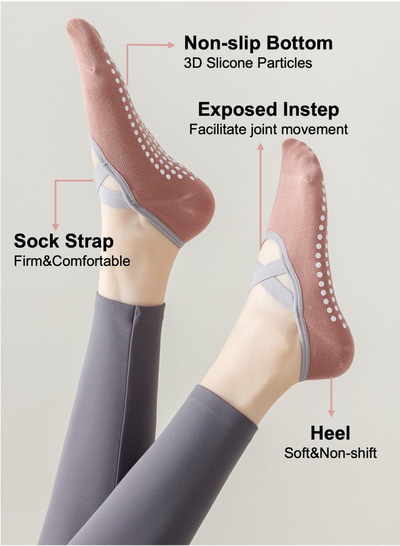 JOYYE 4-Pair Non-slip Yoga Socks, Cotton Pilates Socks with Straps, Breathable&Moisture-wicking&Machine-washable, Ideal for Yoga/Pilates/Ballet/Dance/Workout (Pink+Purple+Black+Grey) - Image 2
