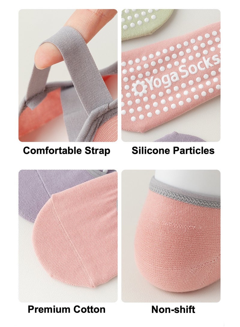 JOYYE 4-Pair Non-slip Yoga Socks, Cotton Pilates Socks with Straps, Breathable&Moisture-wicking&Machine-washable, Ideal for Yoga/Pilates/Ballet/Dance/Workout (Pink+Purple+Black+Grey) - Image 5