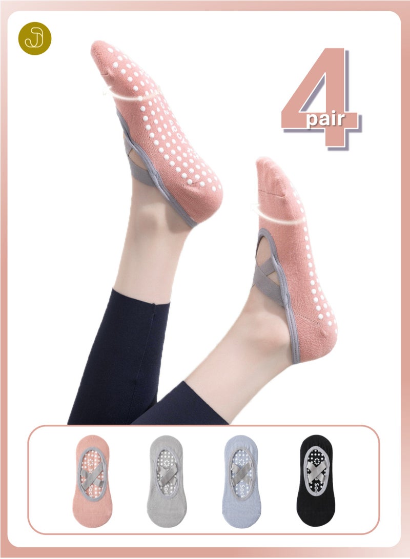JOYYE 4-Pair Non-slip Yoga Socks, Cotton Pilates Socks with Straps, Breathable&Moisture-wicking&Machine-washable, Ideal for Yoga/Pilates/Ballet/Dance/Workout (Pink+Purple+Black+Grey) - Image 1