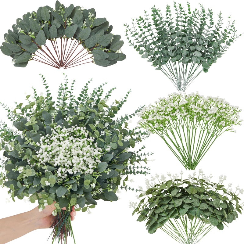 Faylifeway 120 Pcs 4 Kinds Mixed Eucalyptus Greenery Stems, Baby Breath Flowers Artificial Bulk and Greenery Stems for DIY Bouquets Wedding Home Floral Decor - Image 1