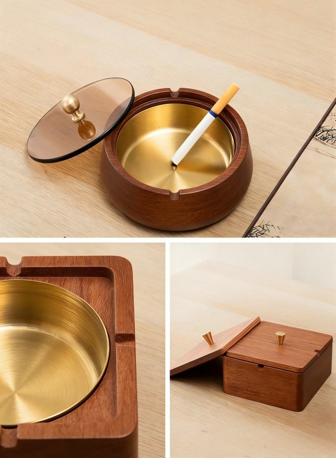 منفضة سجائر خشبية بغطاء وبطانة من الفولاذ المقاوم للصدأ، مقاومة للرياح، ملحقات تدخين خارجية بدون دخان، مناسبة للمكتب والمنزل، دائرية الشكل، مصنوعة من الخشب، 5.1 بوصة × 5.1 بوصة × 1.2 بوصة - Image 1