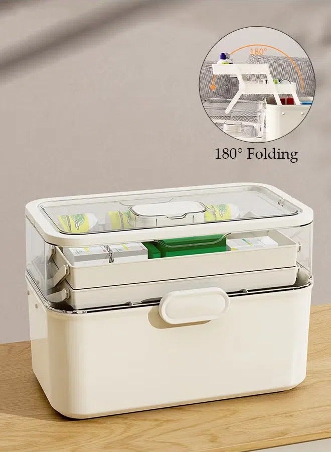 Medicine Box Plastic Medicine Storage Box Family Emergency Kit Medical Kit 3 Layers Home First Aid Box Child Proof Medicine Box Organizer Pill Case with Compartments and Handle - Image 1