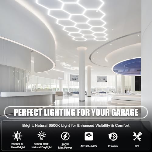 JTT Hexagon Garage Lights, 200W 20000LM 5 Grids 25Pack LED Garage Hexagon Lights, 6500K Super Bright Car Detailing Ceiling LED Shop Light for Warehouse Workshop Gym Basement Car Care Wash Room - Image 2