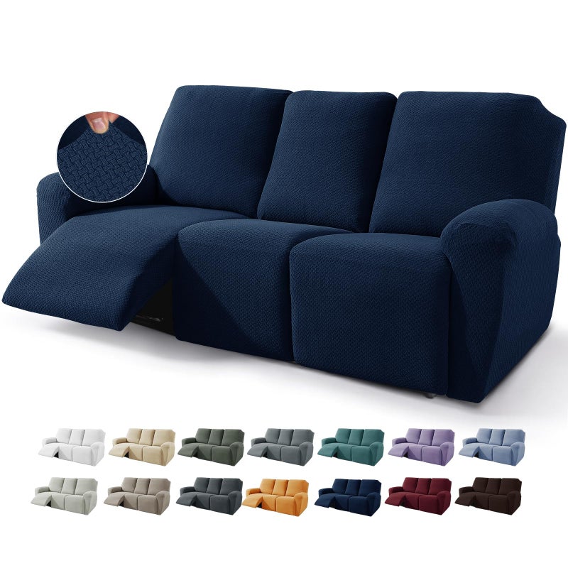 JIVINER 8Piece Recliner Sofa Covers Stretch Jacquard Couch Covers for Recliner Slipcovers for Living Room 3 Cushion Soft Recliner Protector with Pocket Sofa Recliner Navy Blue