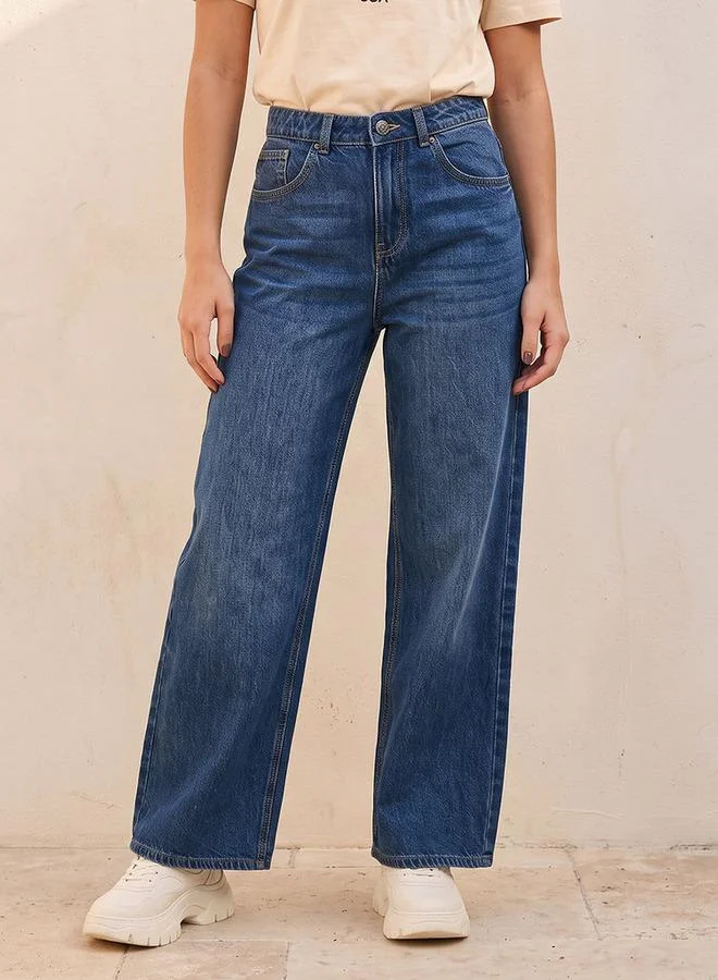 Denim Buttoned Waist Cotton Jeans