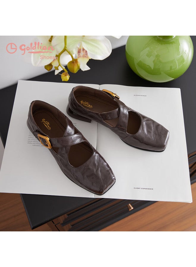 Goldlion Women's Vintage Hand-grain Sheepskin Chunky Heel Square Toe Ballet Mary Jane Shoes G661530219 Coffee Color Size 39 - Image 3