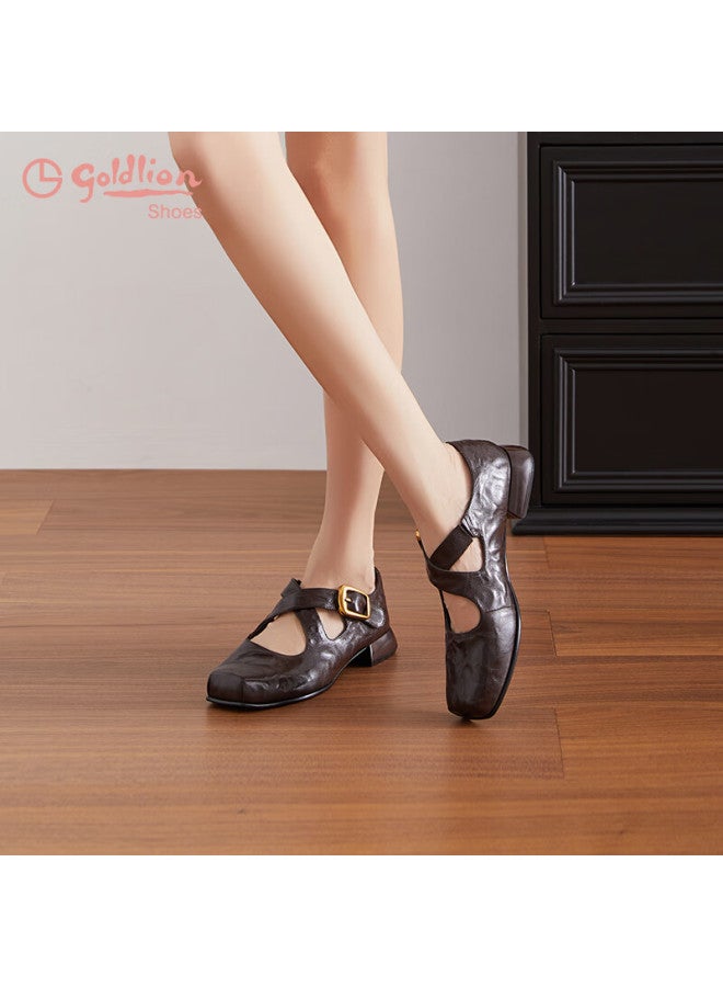 Goldlion Women's Vintage Hand-grain Sheepskin Chunky Heel Square Toe Ballet Mary Jane Shoes G661530219 Coffee Color Size 39 - Image 1