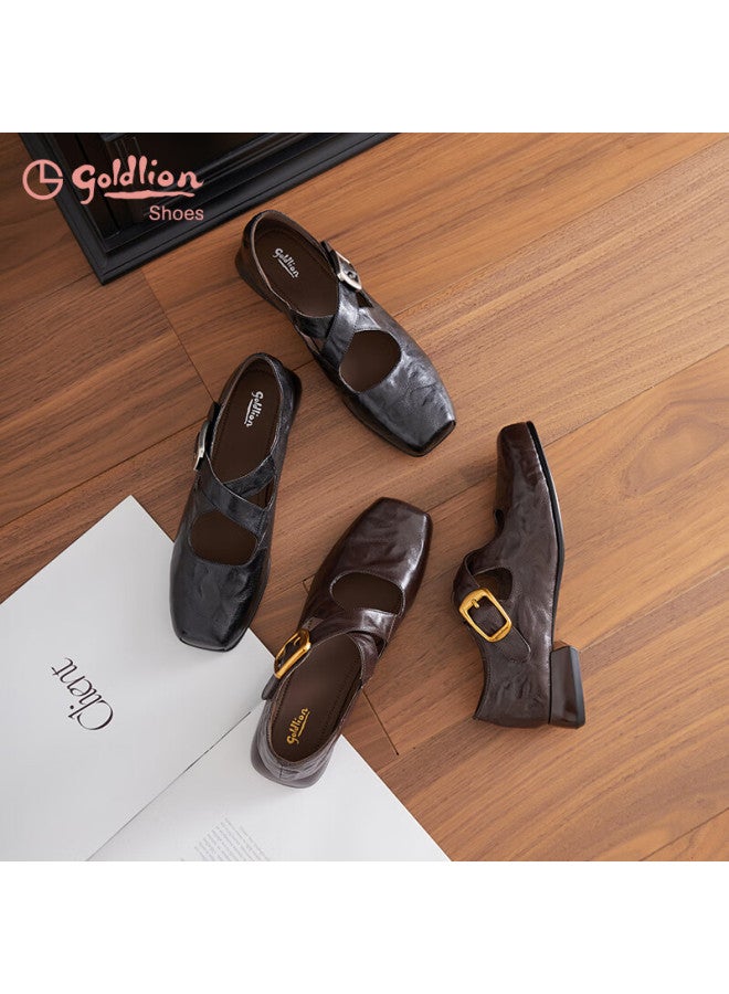 Goldlion Women's Vintage Hand-grain Sheepskin Chunky Heel Square Toe Ballet Mary Jane Shoes G661530219 Coffee Color Size 39 - Image 5
