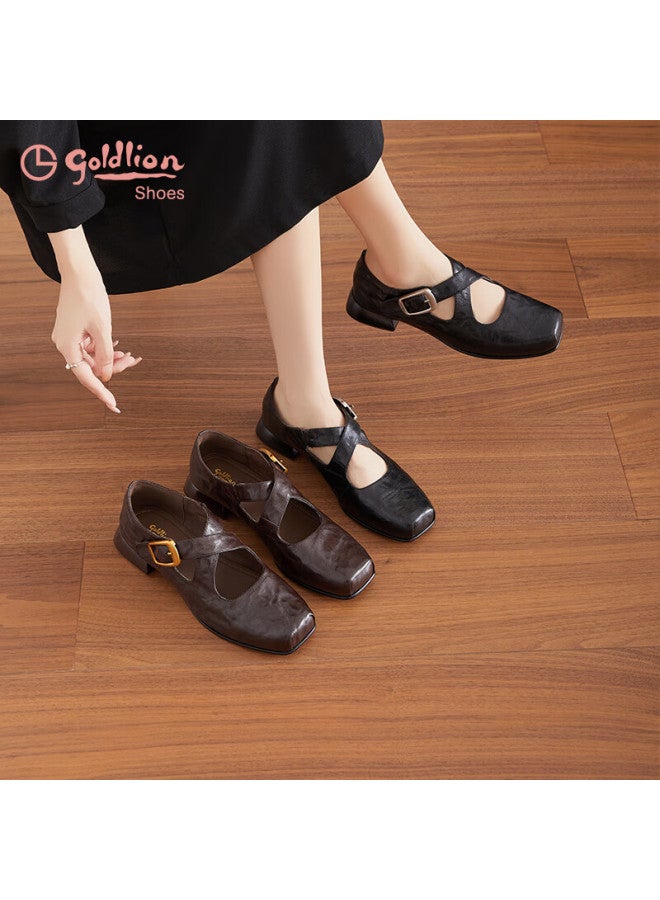 Goldlion Women's Vintage Hand-grain Sheepskin Chunky Heel Square Toe Ballet Mary Jane Shoes G661530219 Coffee Color Size 39 - Image 2