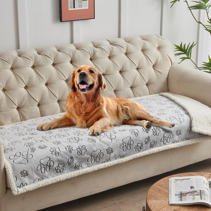 Qeils Pet Blankets for Couches Waterproof Dog Blankets for Large Dogs Sherpa Fleece Puppy Blanket Soft Plush Reversible Dog Blanket Couch Cover for Dogs Washable 30X70 Grey Paw Print