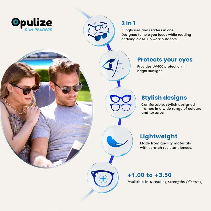 OPULIZE POP Classic Reading Sunglasses for Women Men,Tinted Lens with UV400 Protection,Scratch Resistant Round Chunky Frame with Spring Hinges, Matt Grey +2.00 (Pack of 2) - Image 5
