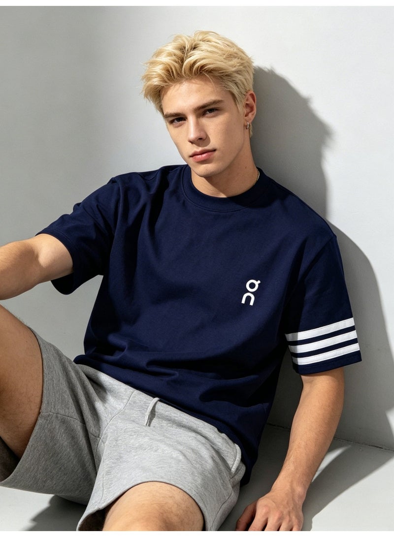 اون راننج On Running Men’s Navy Crew Neck Short Sleeve T-Shirt with White Logo & Three White Sleeve Stripes - Image 3
