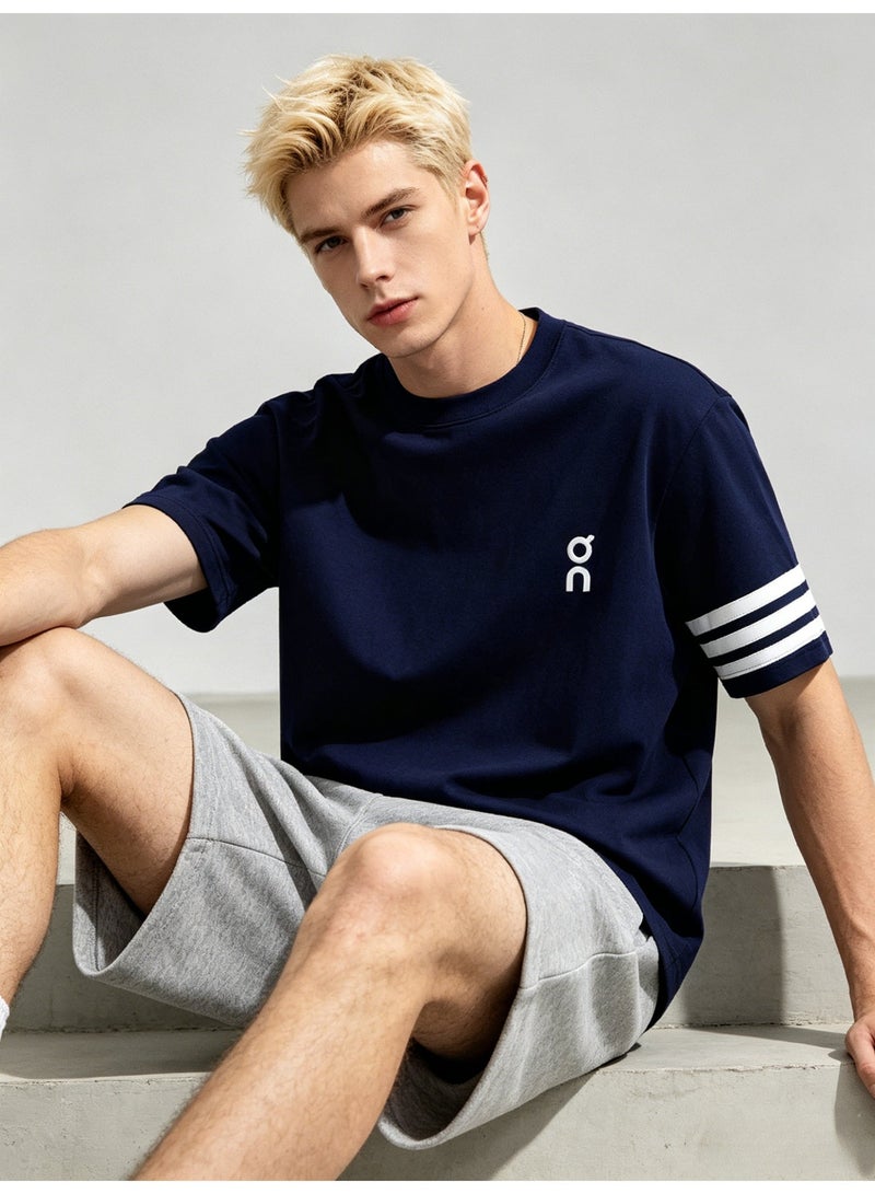 اون راننج On Running Men’s Navy Crew Neck Short Sleeve T-Shirt with White Logo & Three White Sleeve Stripes - Image 2