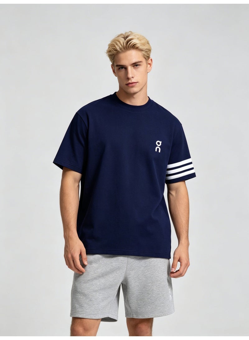 اون راننج On Running Men’s Navy Crew Neck Short Sleeve T-Shirt with White Logo & Three White Sleeve Stripes - Image 1